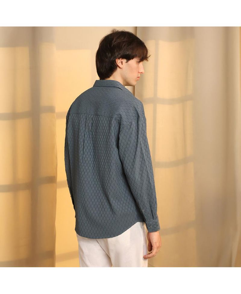 Men's Charcoal Grey Honeycomb-Textured Oversized Shirt