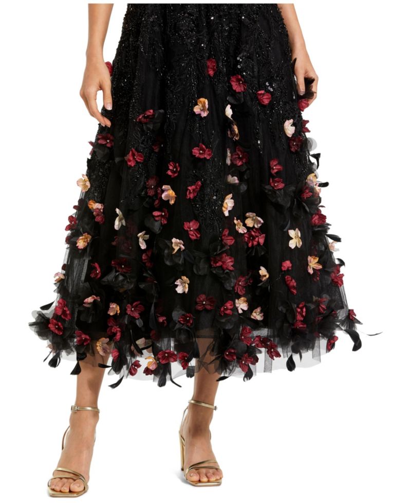 Petite Sleeveless Beaded Midi Dress With 3D Flowers