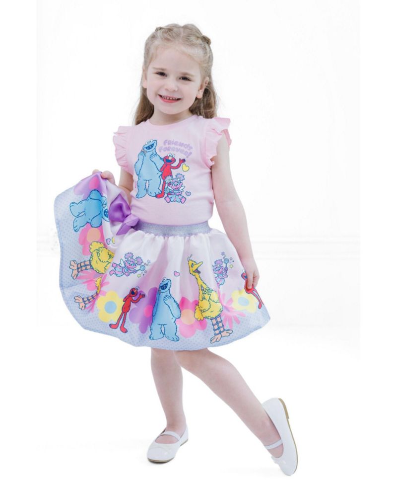 Little Girls' 5-8 T-Shirt 2-Piece and Satin Skirt Set