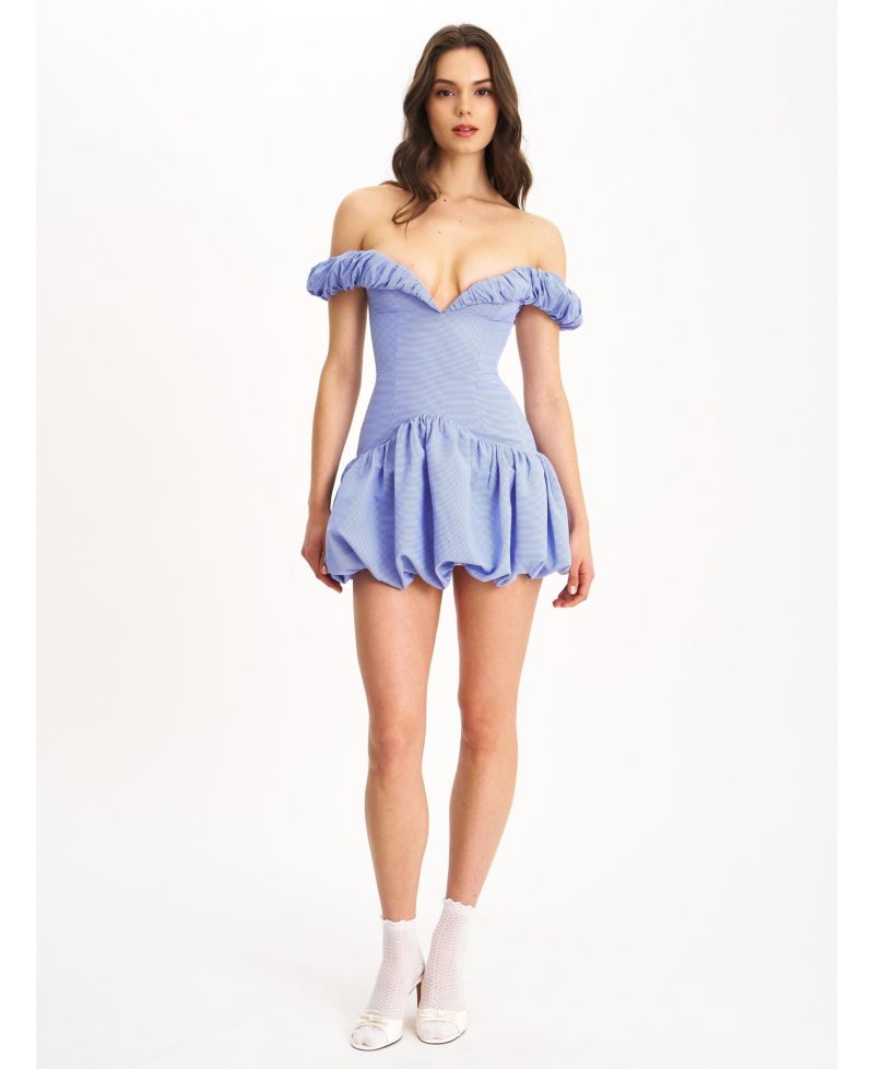 Women Sablee Checkered Puffy Off Shoulder Trim Bubble Hem Mini Dress