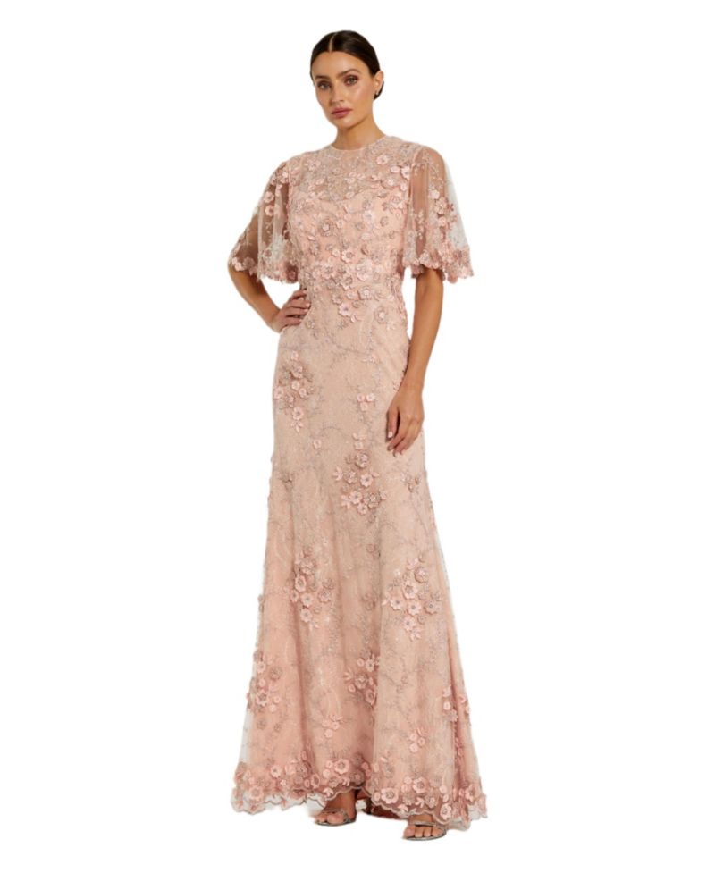Women's Flutter Sleeve Floral Embroidered Net Gown