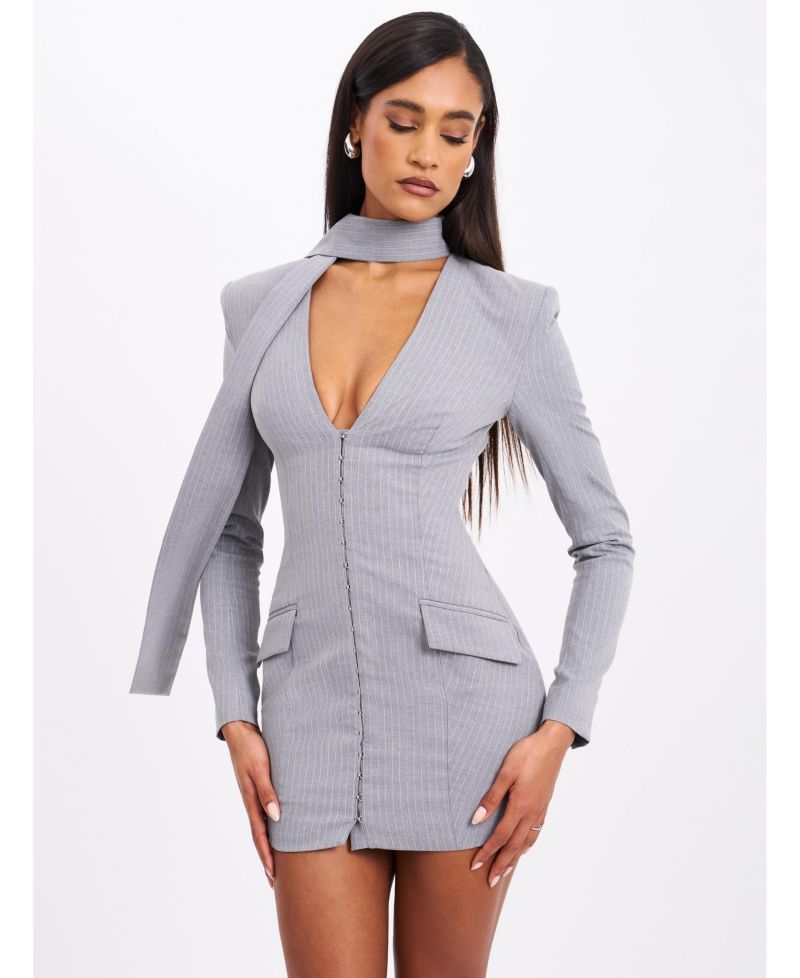 Women's Tahlia Deep V Pinstripes Gray Blazer Dress with scarf collar