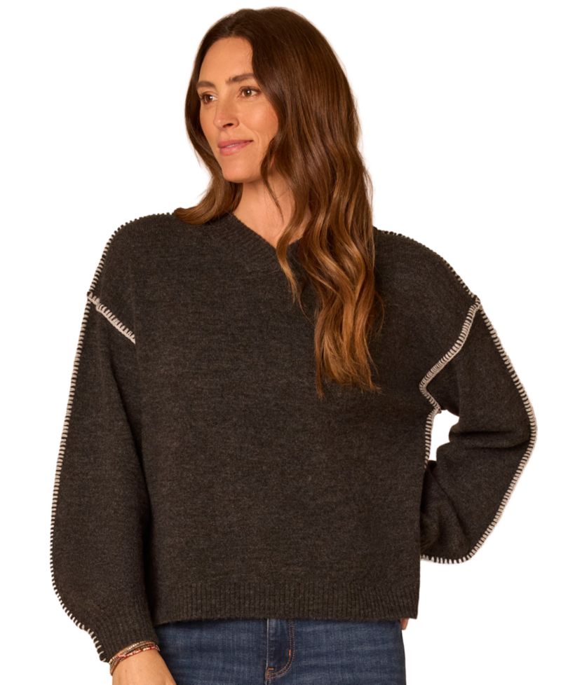 Petite Whip-Stitch Long-Blouson Sleeves V-Neck Pullover Sweater