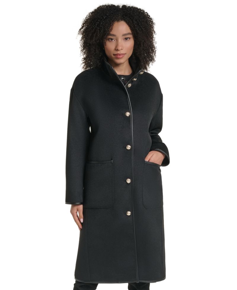 Women's Wool-Blend Faux-Leather Trimmed Funnel Neck Long Coat