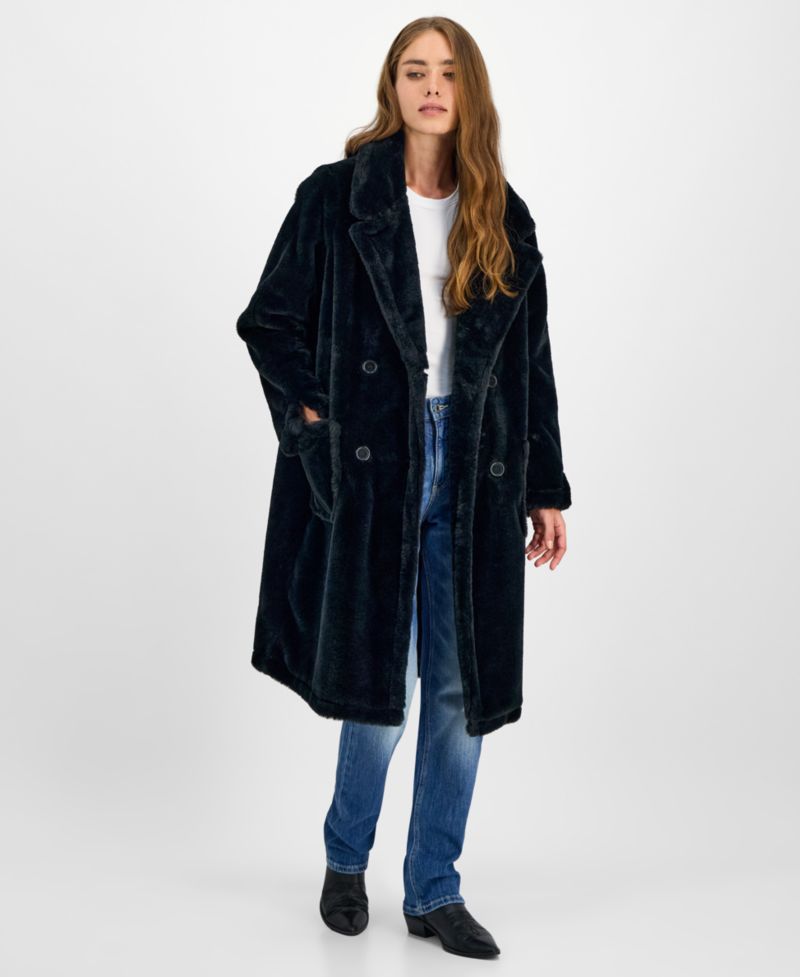 Juniors' Faux-Fur Double-Breasted Coat