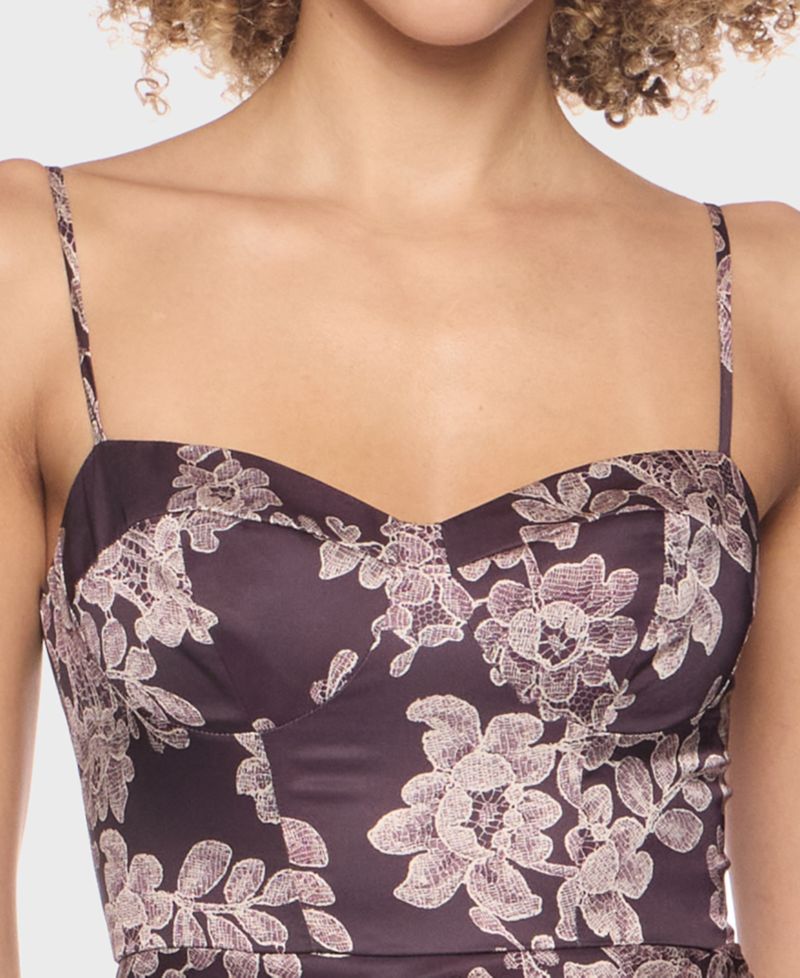 Juniors' Sweetheart Neck Printed Satin Midi Dress with Spaghetti Straps Skirt Slit