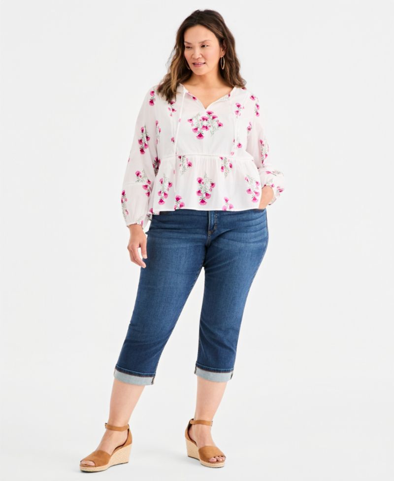 Plus Size Printed Split-Neck Peplum Popover Blouse
