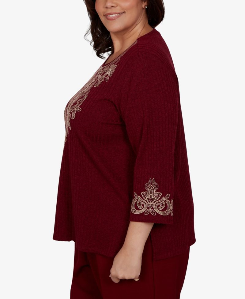 Plus Size Union Square Scroll-Embroidered 3/4 Sleeve Knit Top