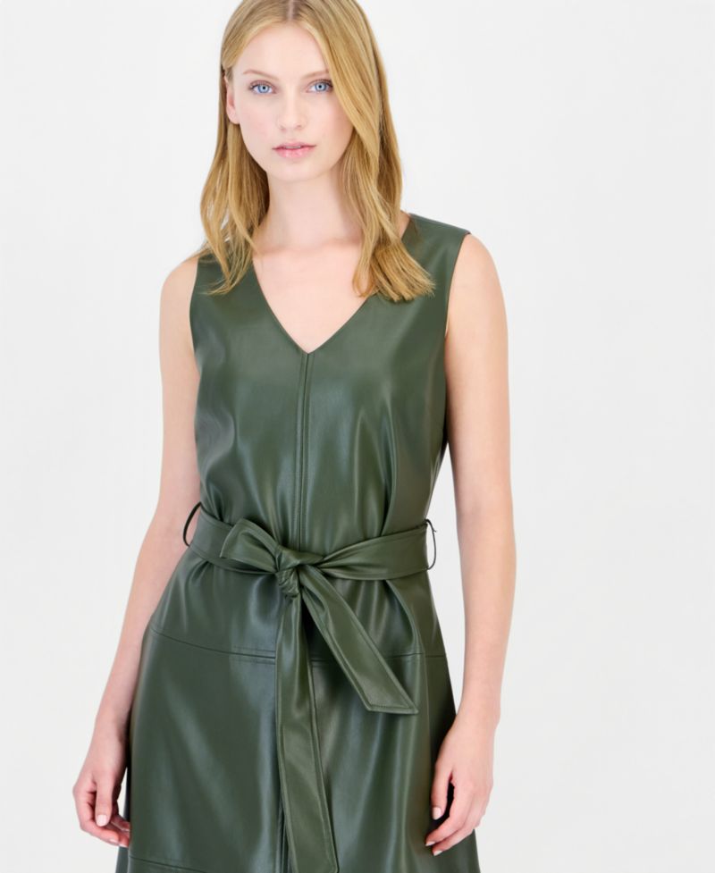Women's Faux Leather Tiered V-Neck Midi Dress