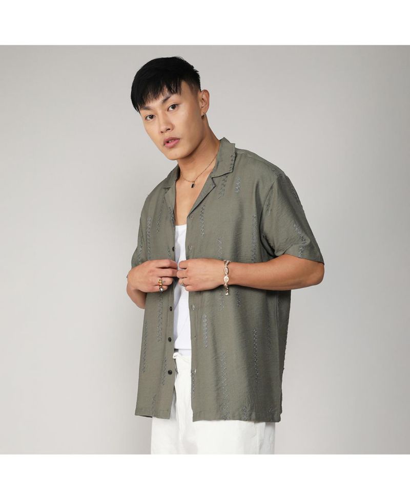 Men's Olive Green Embroidered Twist Shirt
