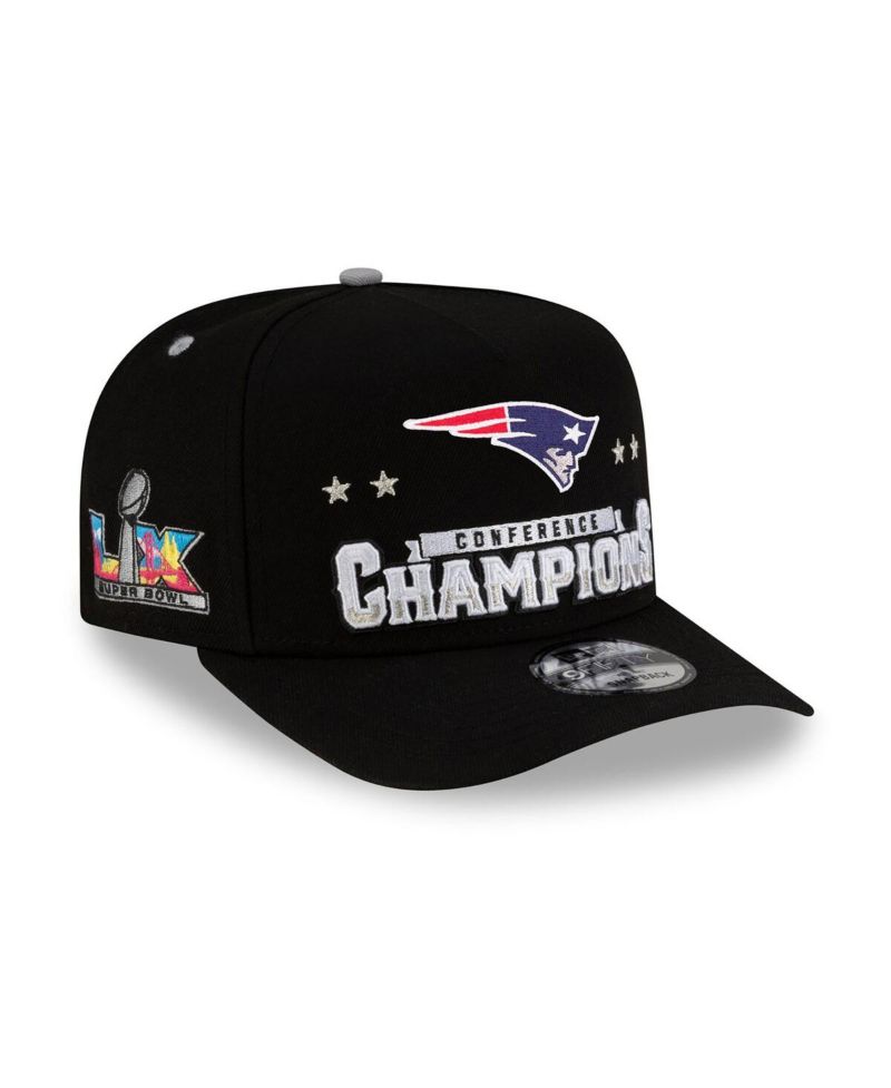 Men's Black New England Patriots 2025 AFC Champions Locker Room Trophy Collection A-Frame 9FIFTY Snapback Hat
