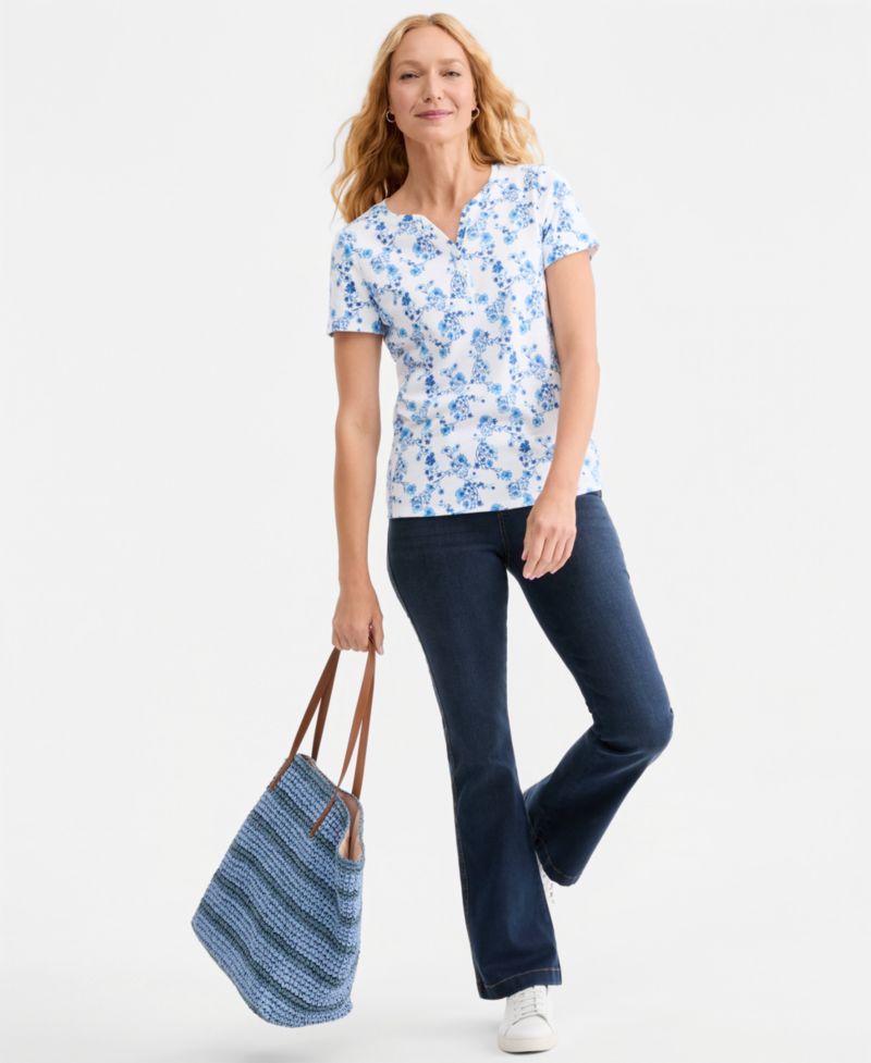 Petite Printed Short-Sleeve Henley Top