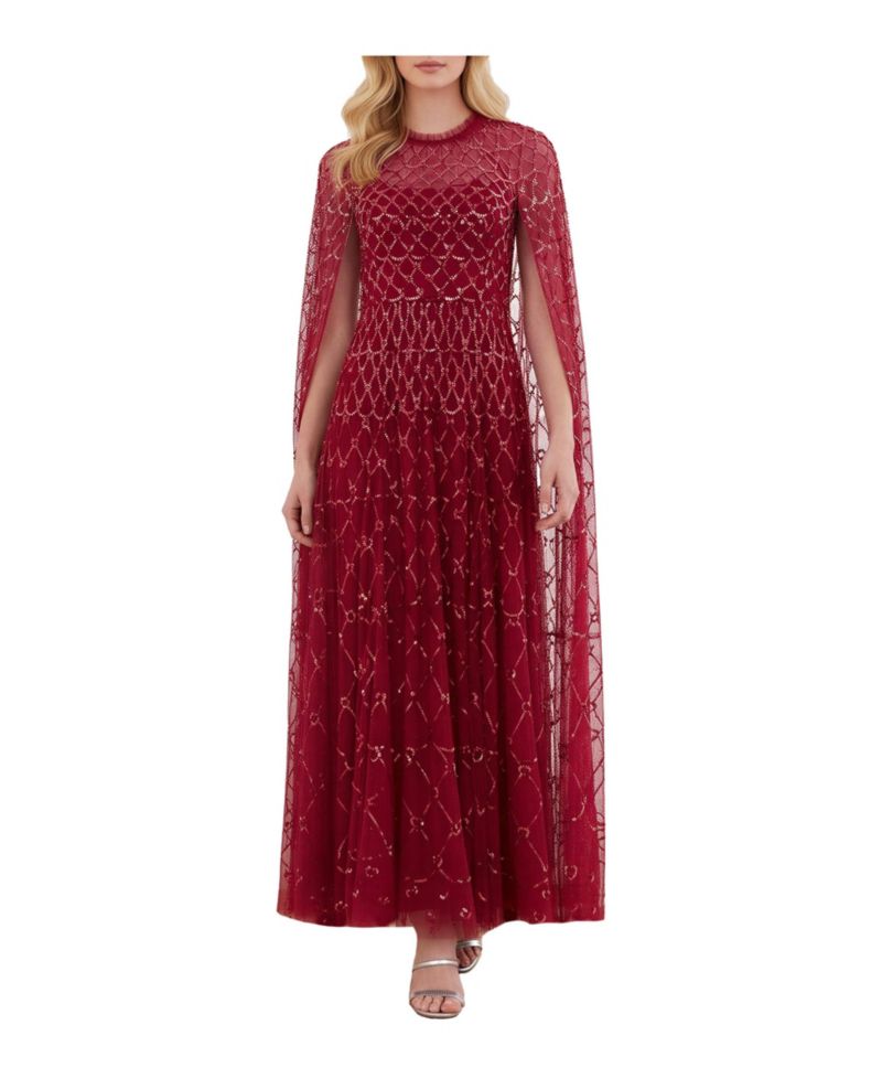 Women's Heart Lattice Cape Sequin-Embellished Floor-Length Gown