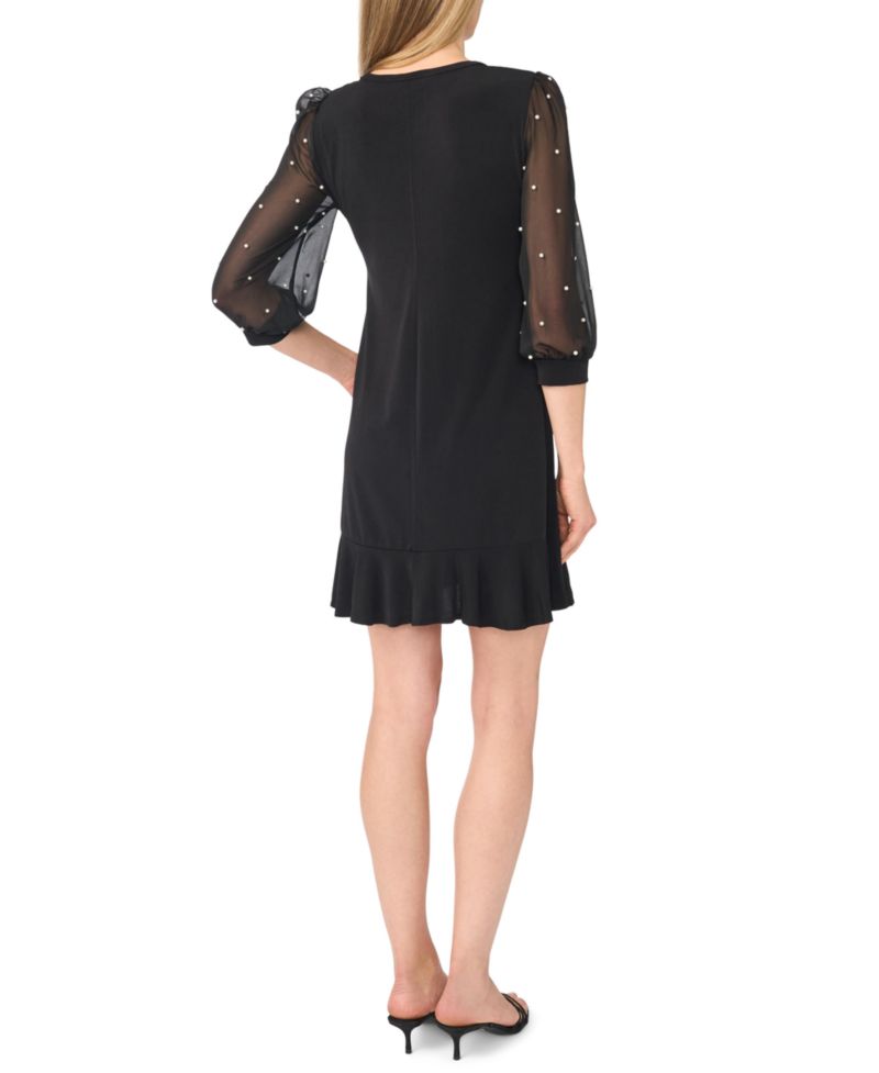 Women's Imitation Pearl Sleeve Mix Media Sheer Ruffled-Hem Dress