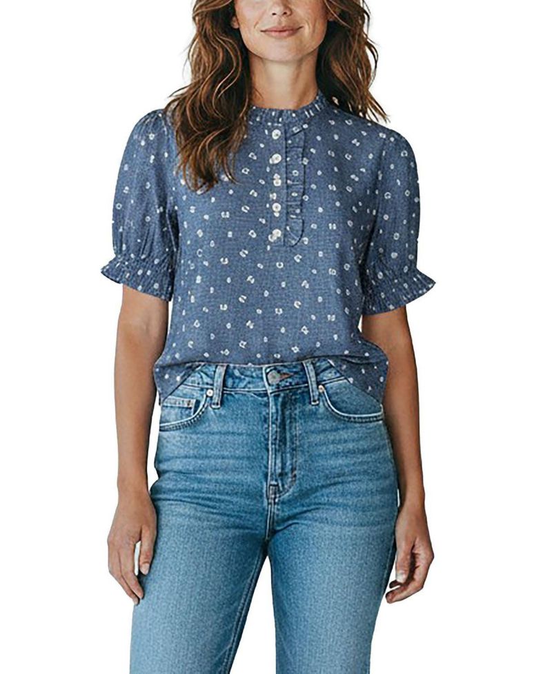 Women's Chambray Puff-Sleeve Floral-Print Blouse