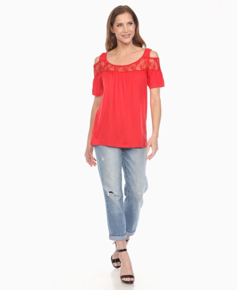 Plus Size Cold Shoulder Lace Trim Knit Top