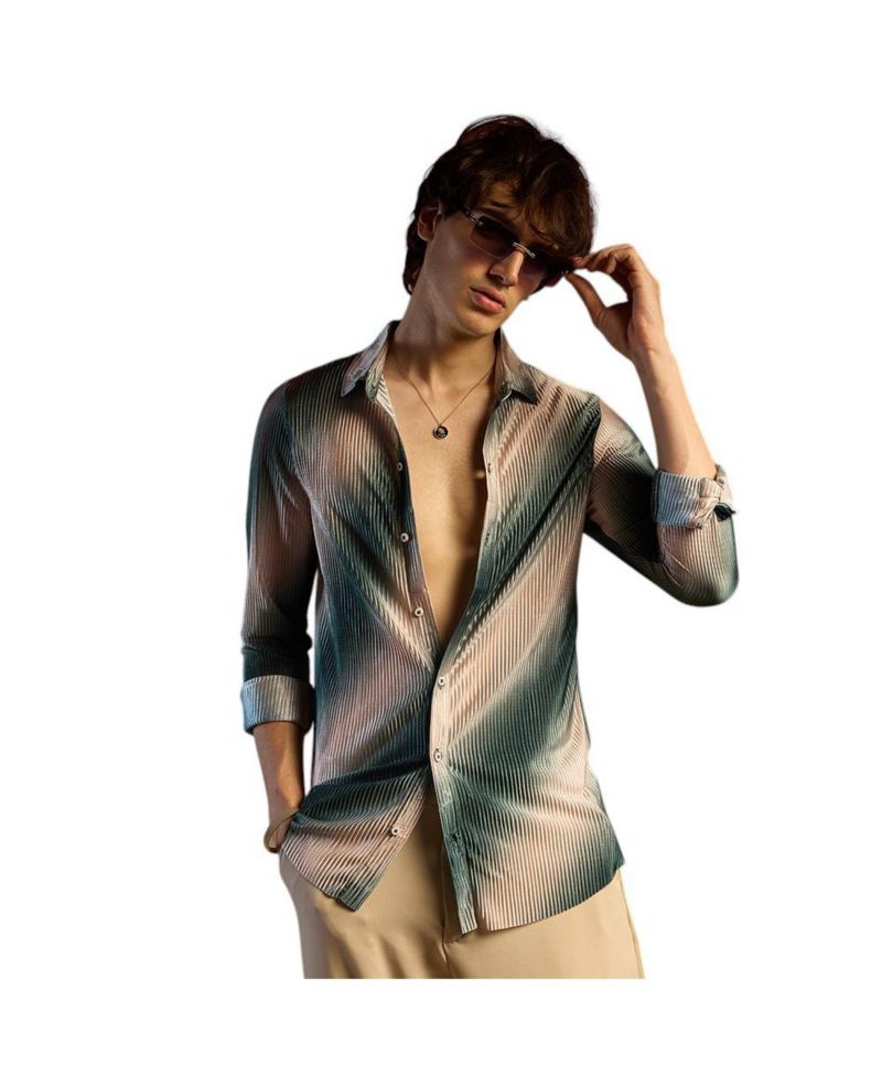 Men's Emerald Green & Ivory White Ombre-Pleated Shirt