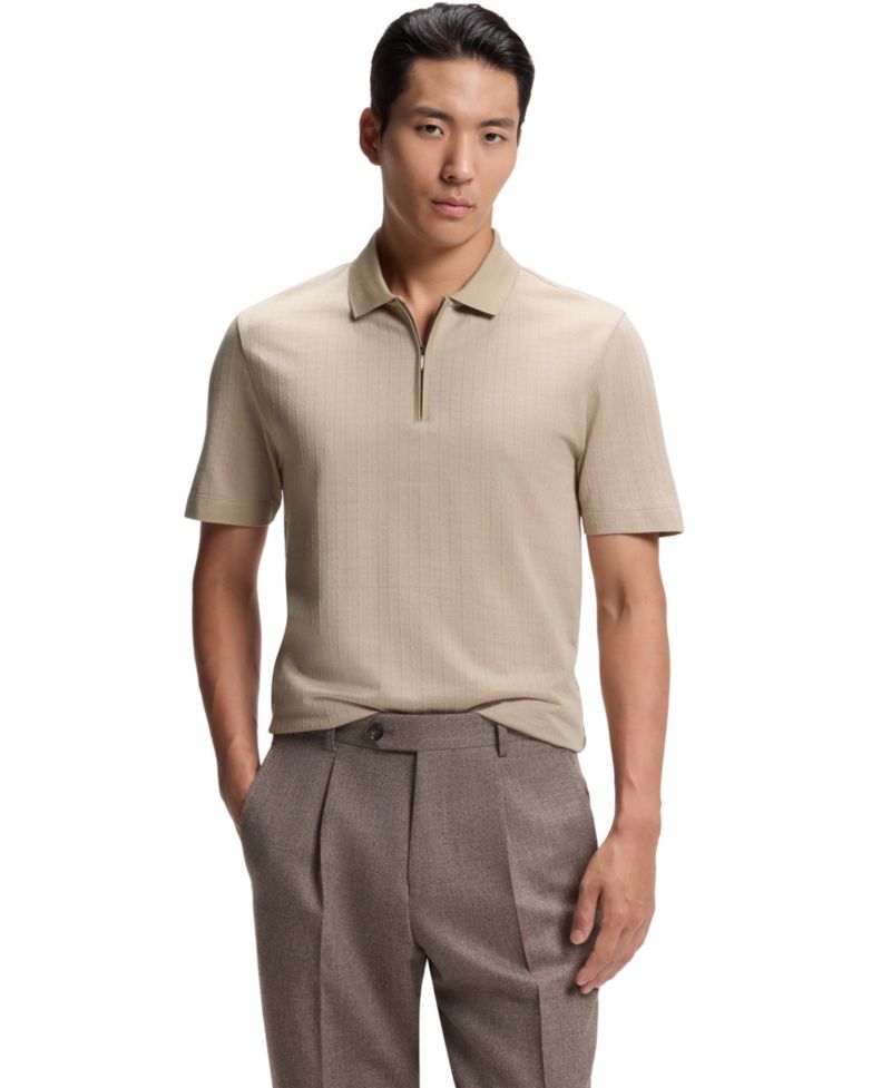 BOSS by Men's Cotton-Silk Blend Zip-Neck Polo Shirt