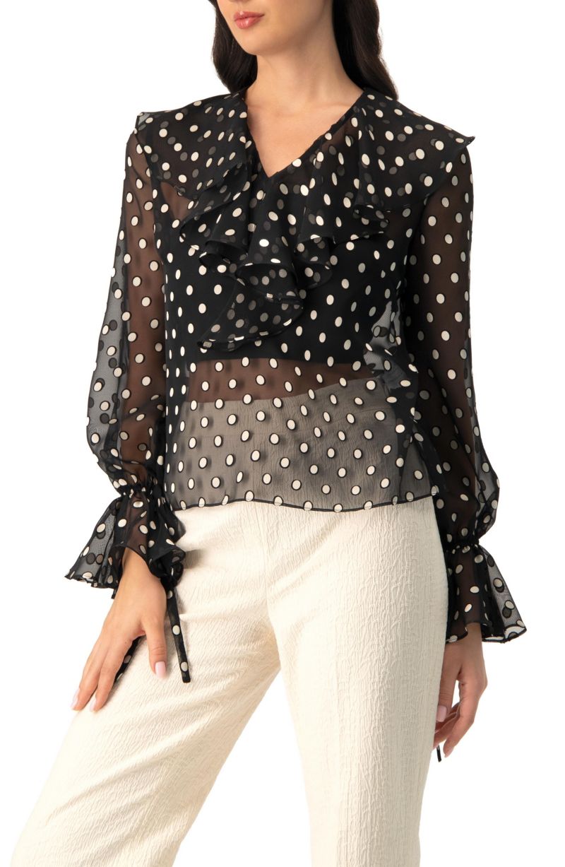 Women's See-Through Polka Dot V-Neck Blouse