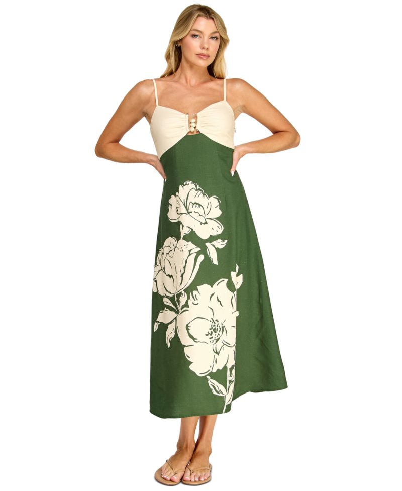 Juniors' Sleeveless Fit & Flare Midi Dress with Floral Placement Print