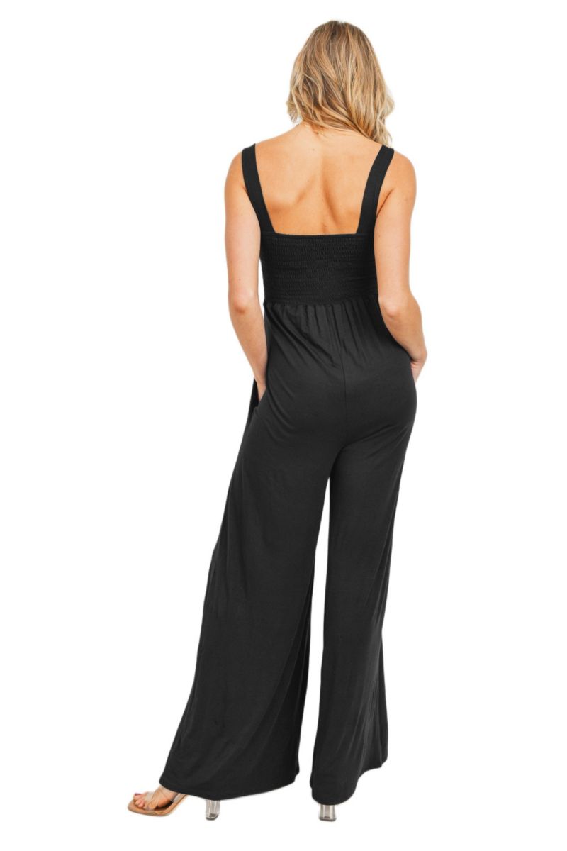 Maternity Sleeveless Smocked Bodice Wide-Leg Jumpsuit with Pockets