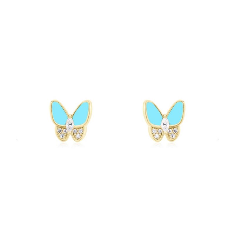 Turquoise CZ Butterfly Stud Earrings 14K Gold-Plated Sterling Silver