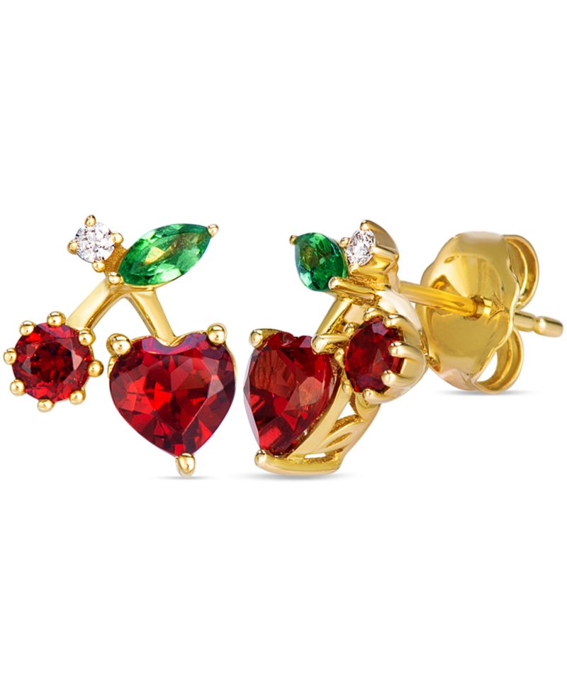 Garnet, Tsavorite & Diamond (0.03 ct. t.w.)Cherry Stud Earrings in 14k Honey Gold