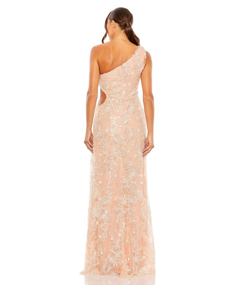 Women's One Shoulder Side Cut Embellished Gown