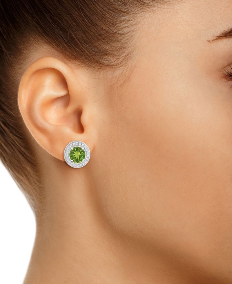 Peridot (1-9/10 ct. t.w.) and Diamond (1/5 ct. t.w.) Halo Studs in Sterling Silver
