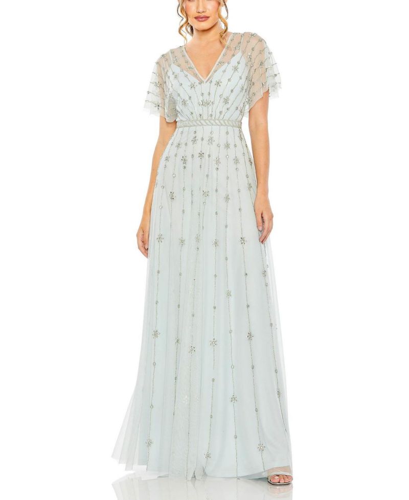 Women's V-Neck Embellished Flutter Sleeve A Line Gown