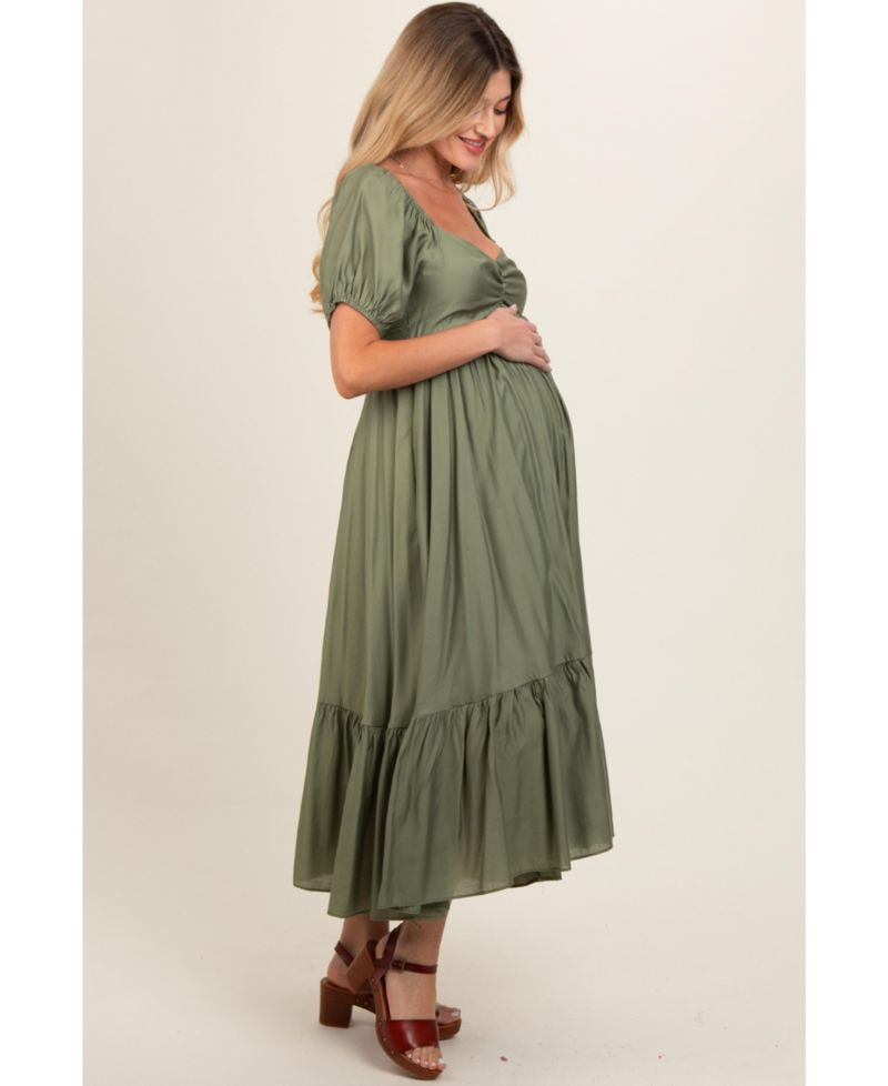 Women's Olive Ruched Sweetheart Neck Tiered Midi Dress