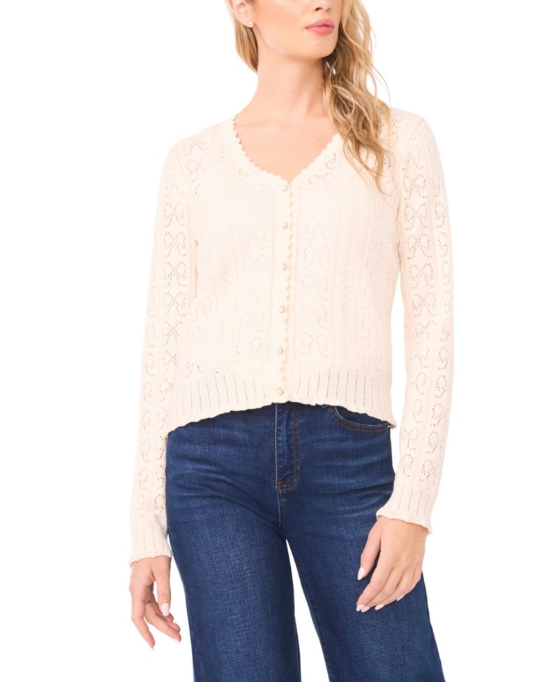 Women's V-Neck Pointelle Cotton Cardigan Sweater
