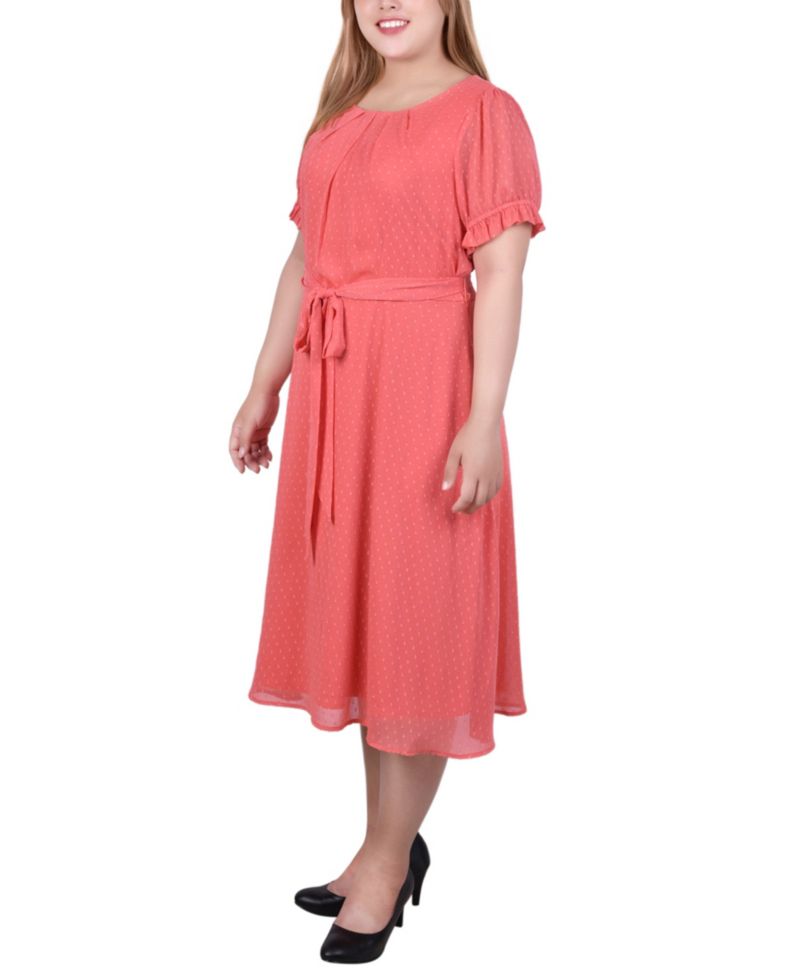 Petite Short Sleeve Belted Swiss Dot Dress