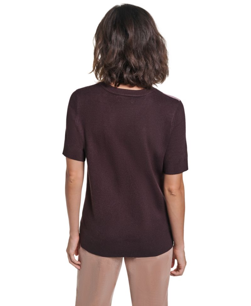 Petite Floral-Print Short-Sleeve Embellished Sweater