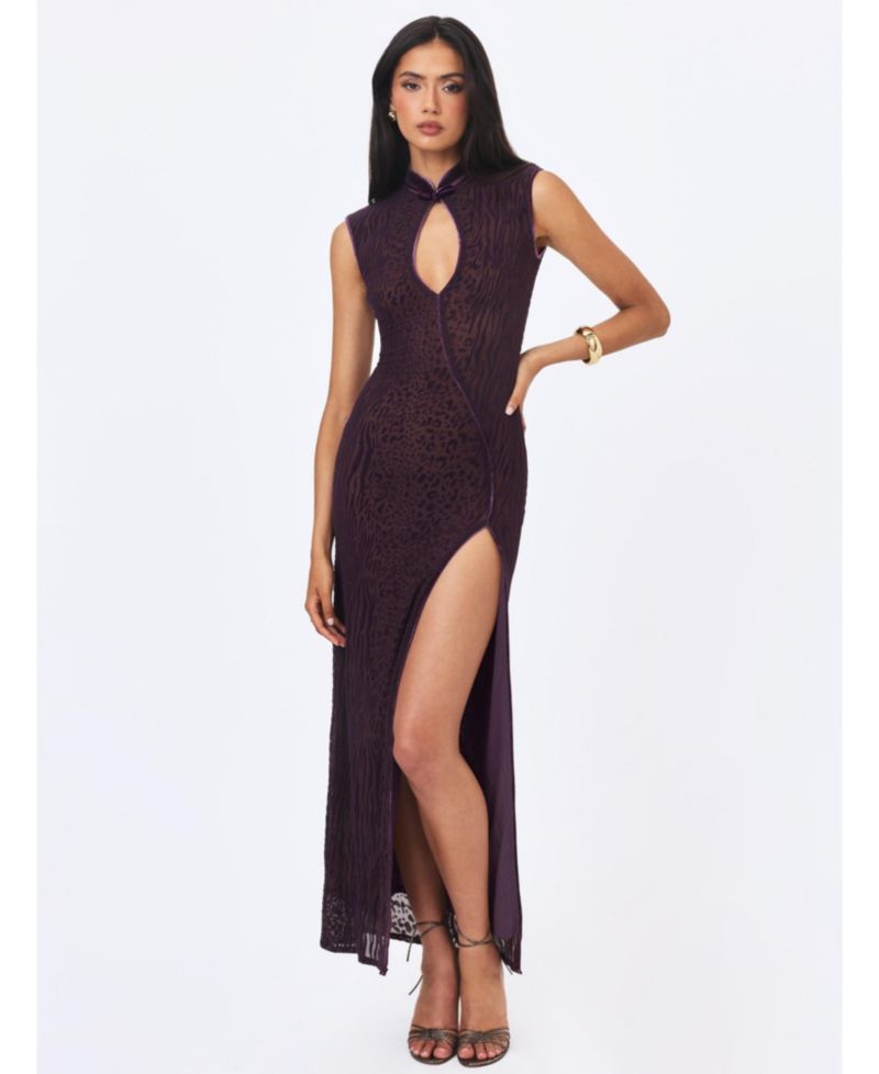 Women's Riona Party-Cocktail Burnout-Velvet Keyhole Maxi Dress