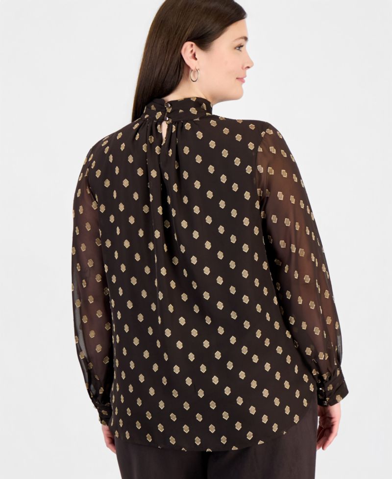 Plus Size Long-Sleeve Shirred-Collar Keyhole-Front Blouse