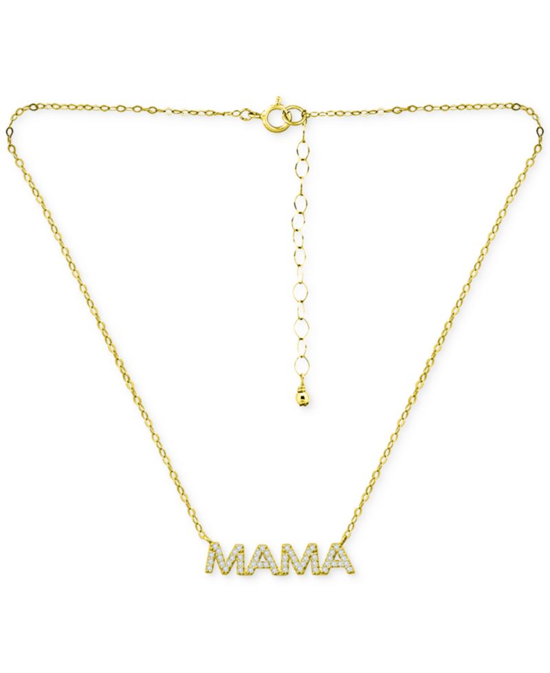 Cubic Zirconia Mama Pendant Necklace in 18k Gold-Plated Sterling Silver, 16" + 2" extender