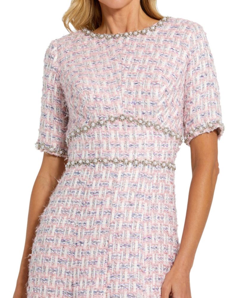 Women's Short Sleeve Beaded Trim Boucle Midi Dress