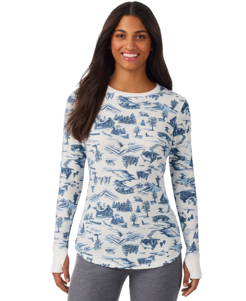 Women's Waffle-Knit Thermal Stretch Long-Sleeve Crew-Neck Top