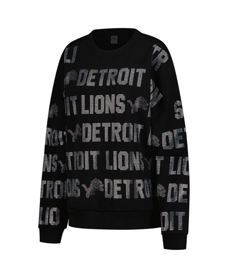 Women's Black Detroit Lions Oversized Hype Era Rhinestone Text Sweatshirt