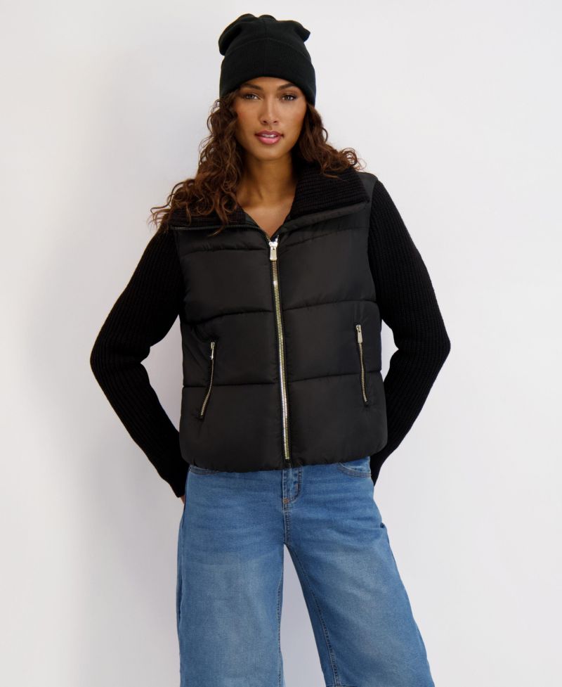 Women's Mixed Media Short Puffer with Knit Sleeves and Collar