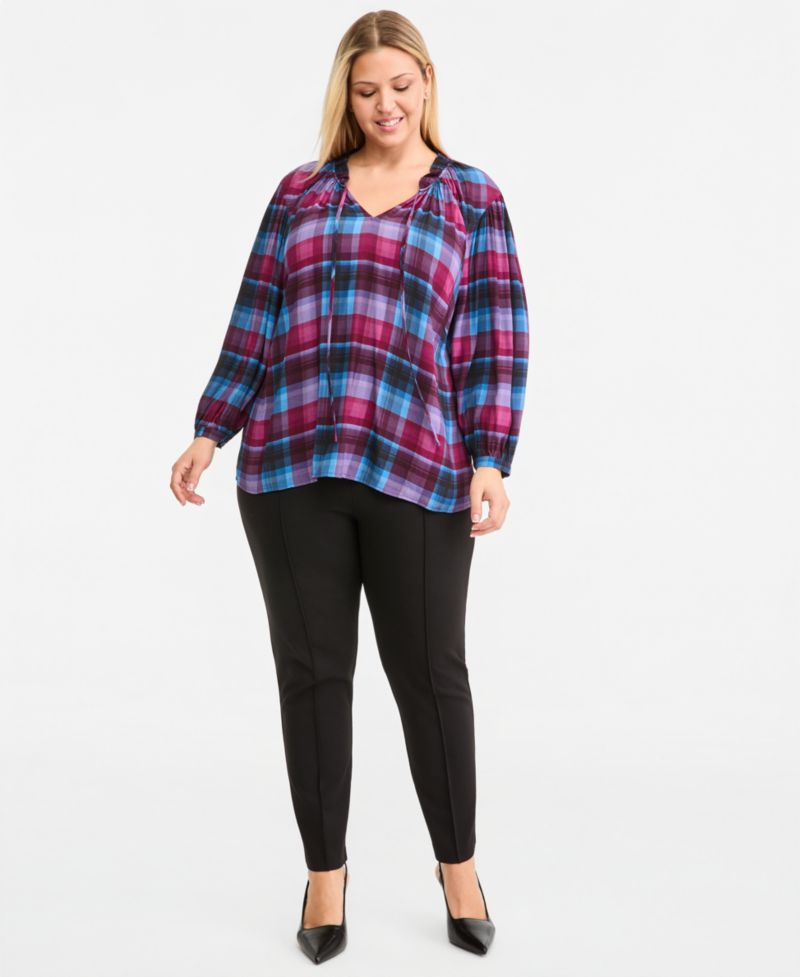 Plus Size Long-Sleeve Plaid Split-Neck Peasant Blouse