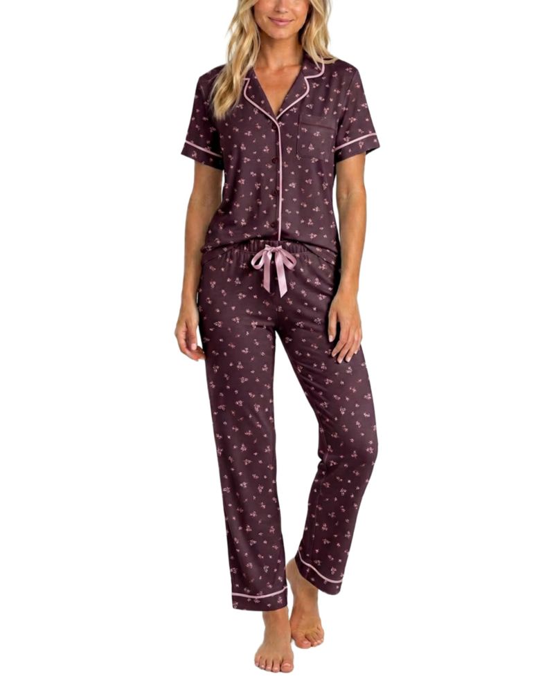 Women's Satin Piping Notch Collar Pajama Set, 29" Inseam