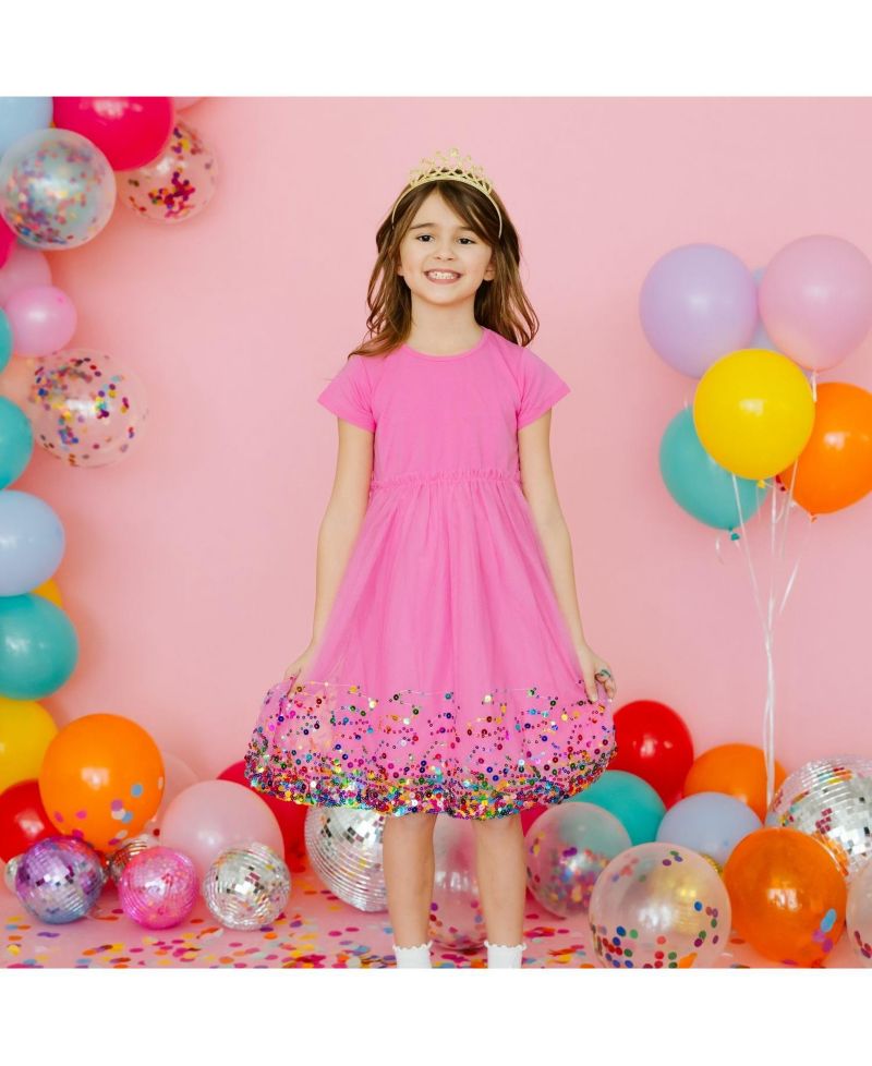 Little Girls Raspberry Confetti Short Sleeve Tutu Dress