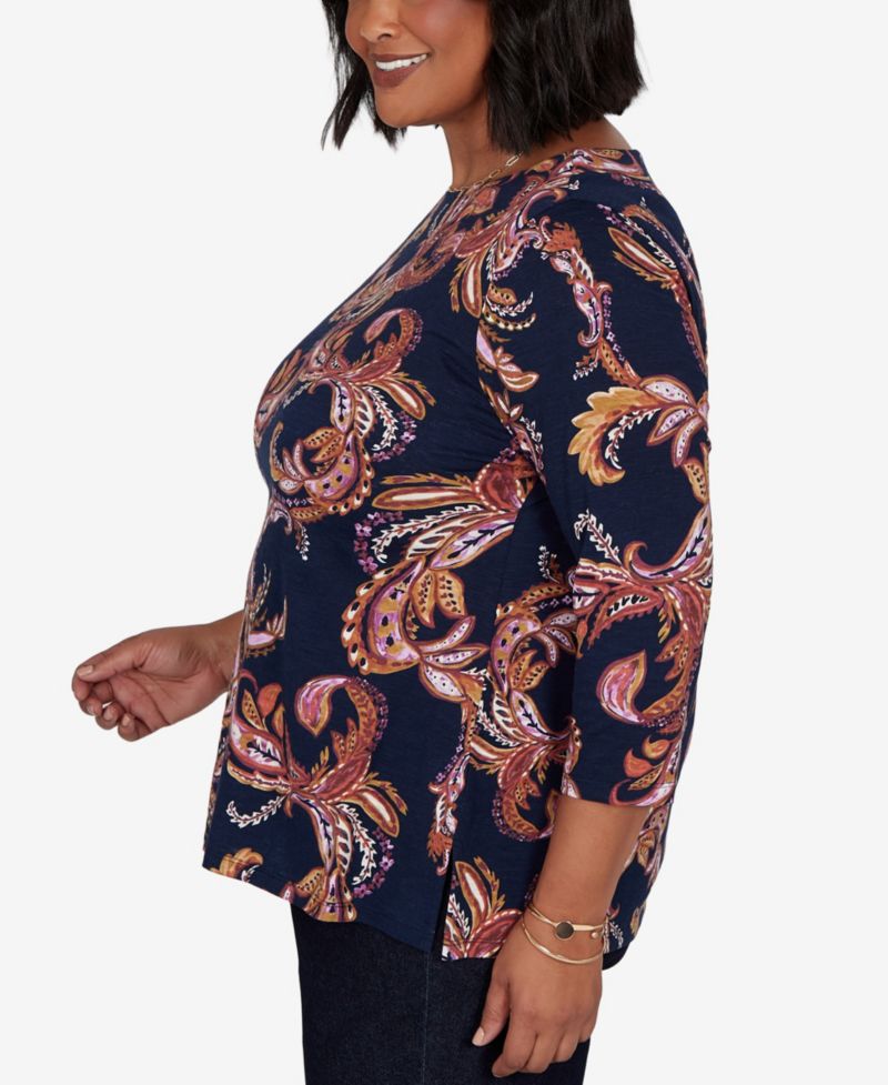 Plus Size Paisley 3/4-Sleeve Boat-Neck T-Shirt