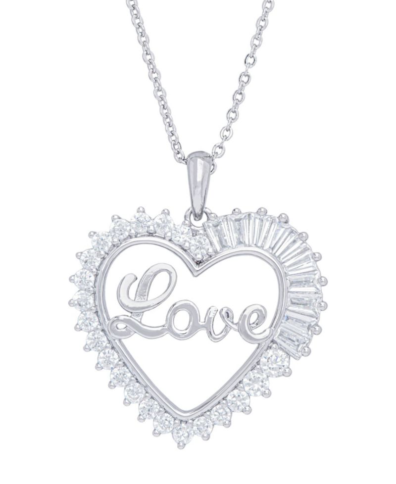 Cubic Zirconia 'Love' Heart Pendant Necklace in Fine Silver Plate