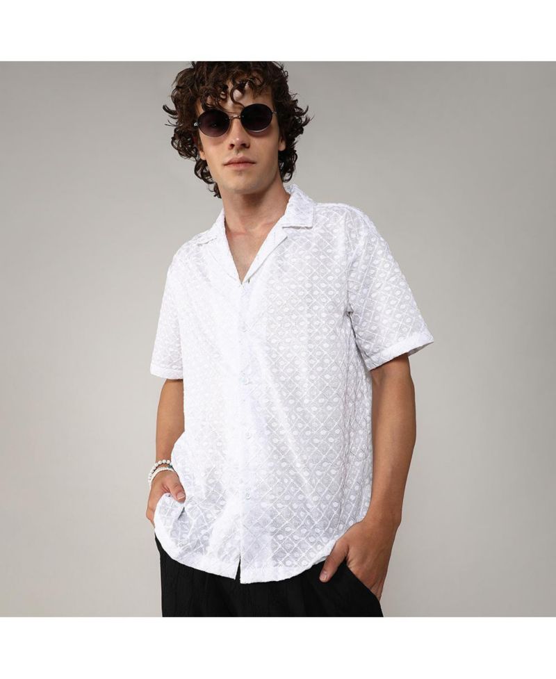 Men's Chalk White Embroidered Circular Shirt