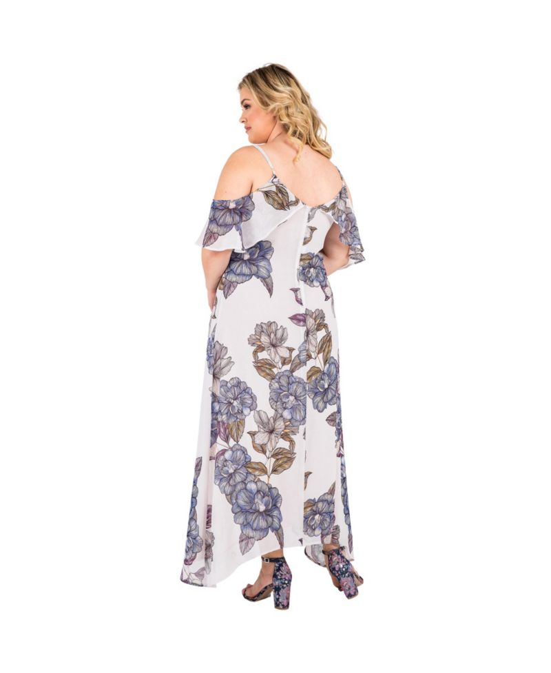 Plus Size Floral Chiffon Cold Shoulder Ruffle Dress