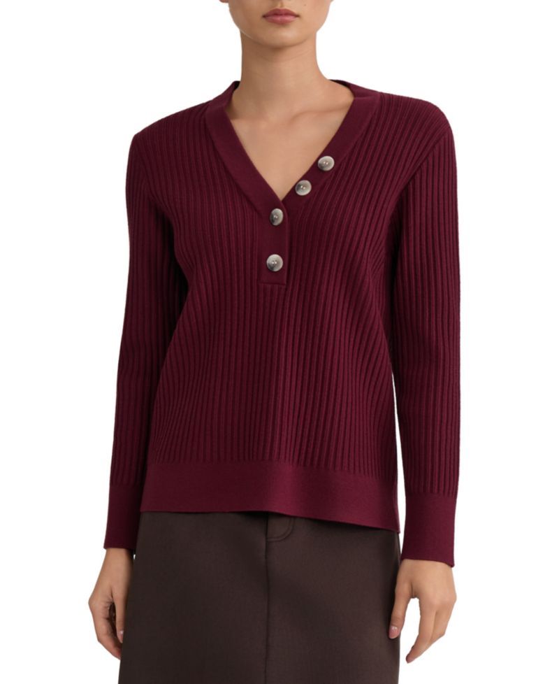 Women's Long Sleeve Ribbed Y-Neck Placket Sweater