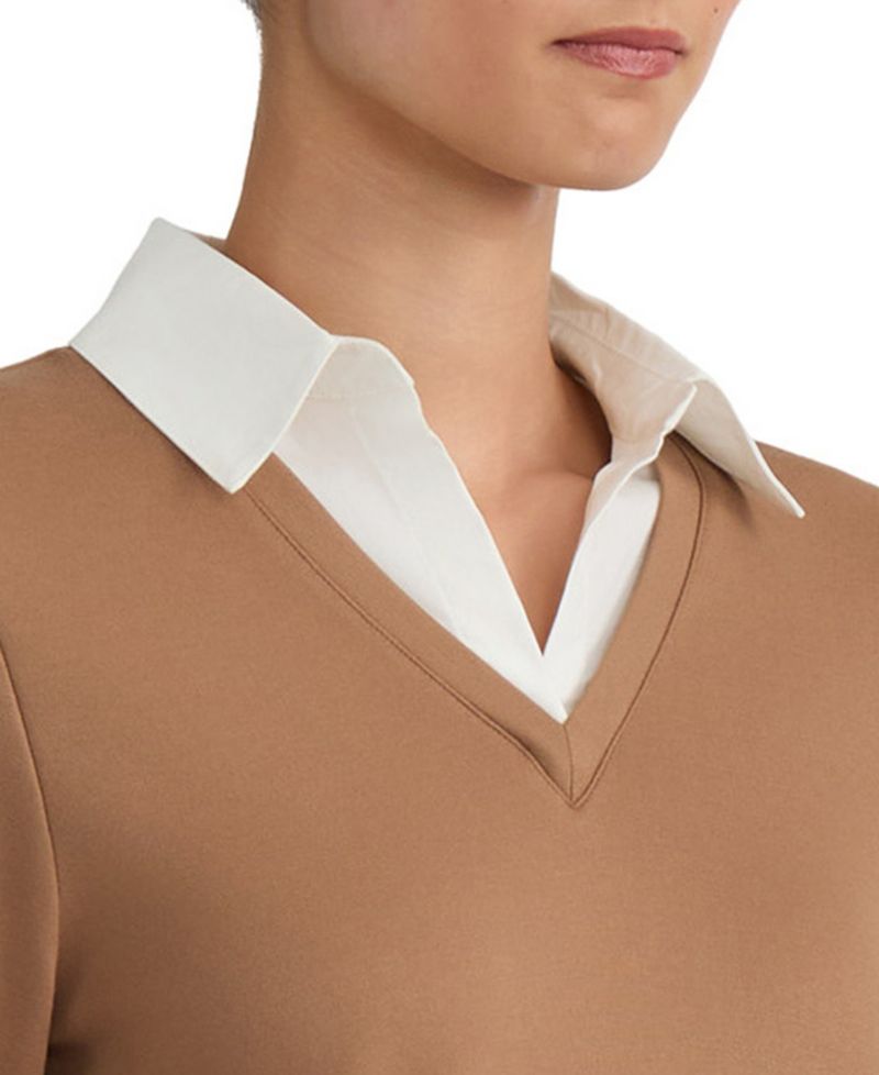 Plus Size Twofer Long-Sleeve Collared V-Neck Woven-Cuff Blouse